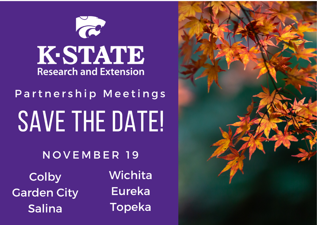 A tree branch with fall leaves alongside the text: Save the Date for the upcoming K-State Research and Extension Partnership meeting. November 19. Host locations are Colby, Wichita, Garden City, Eureka, Salina, and Topeka, KS.