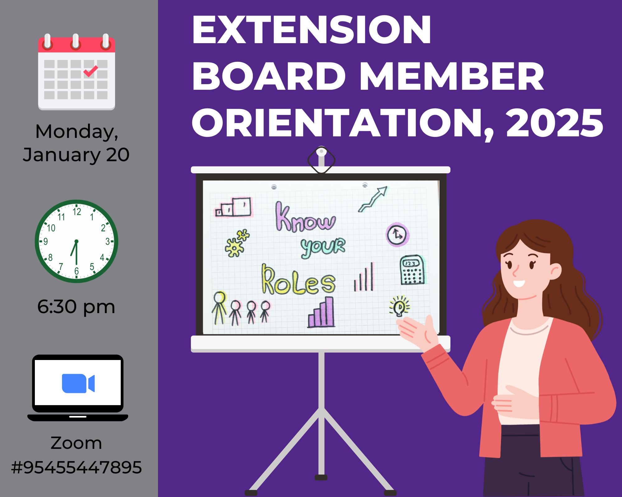 Flier for the upcoming Extension Board Member Orientation. Details provided in text.