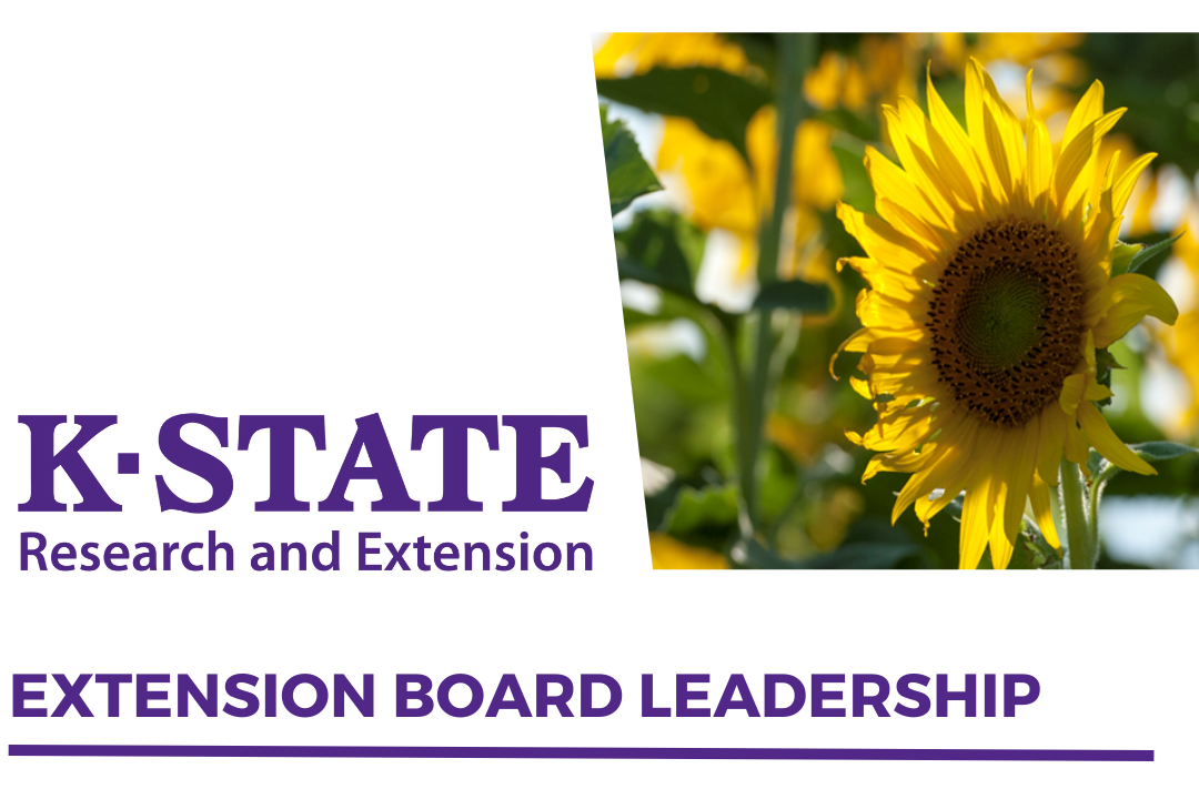 A sunflower facing the KSRE wordmark.  The image is underlined by the words Extension Board Leadership.