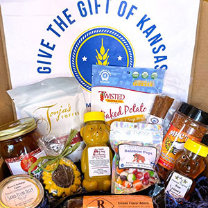 gift box with numerous products from kansas businesses