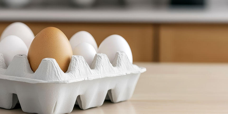 closeup, 1 brown egg and several white eggs in a gray carton closeup, 1 brown egg and several white eggs in a gray carton