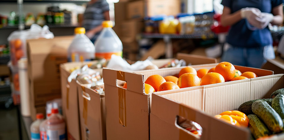 Long view of food pantry, with vegetables and fruit in foreground and shelves of food in a faded background