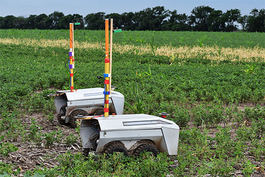 Robotic weed sprayer alongside farm field